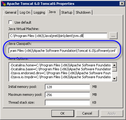 Configuring Apache Tomcat 6.0 Tomcat Properties Java Classpath